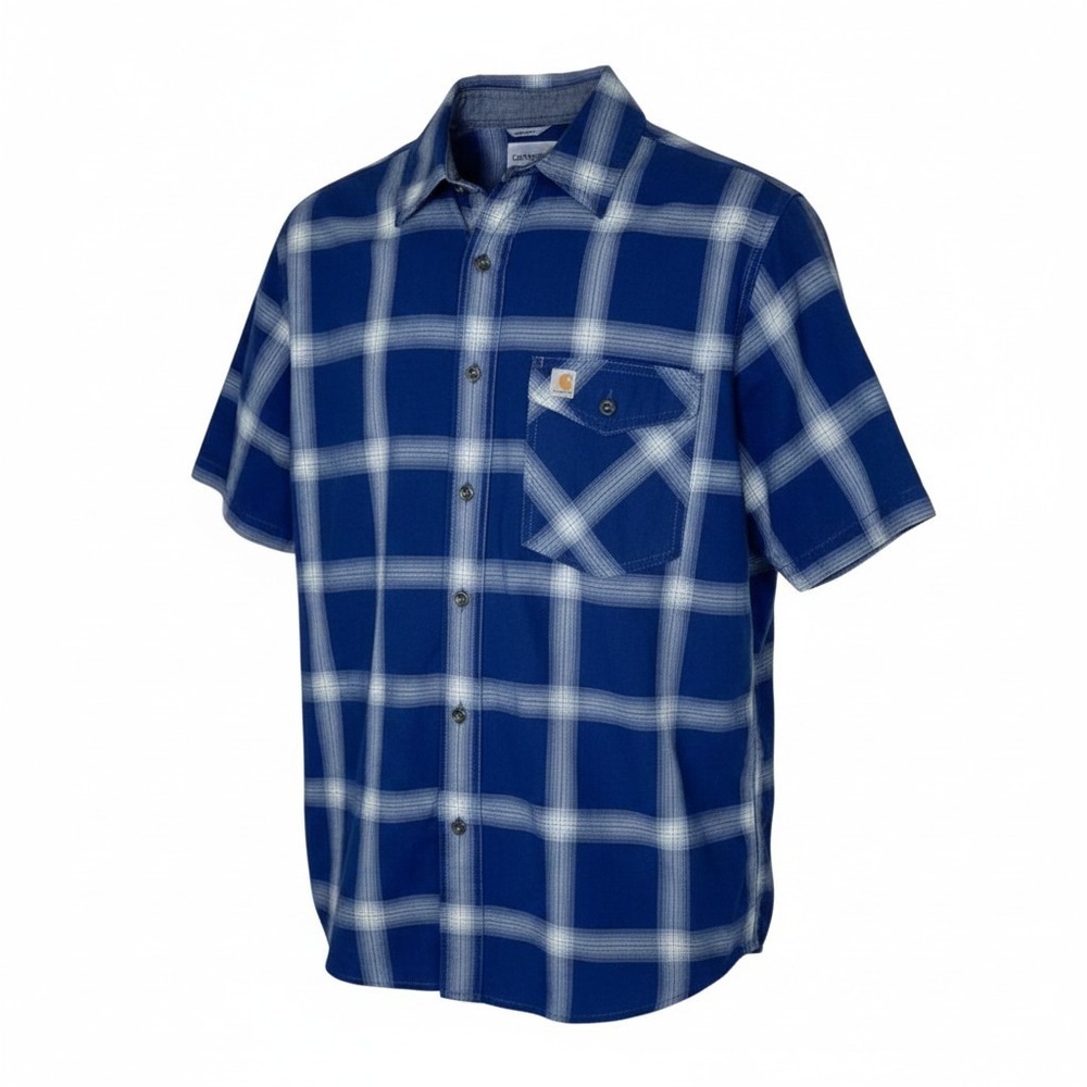 Carhartt Mens Relaxed Fit Plaid Short Sleeve Button Down Shirt Blue 104173 DBL M